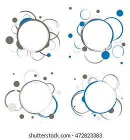 Set of badges with abstract circles. Design elements of one big circle in the center and some smaller rings around it. Template for discount promotions, infographics and web. Vector eps8 illustration.