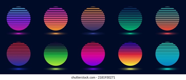 Set of badges abstract gradient colorful circles isolated on dark background retro 70s 80s style. Round object neon colors elements vintage style. Vector illustration