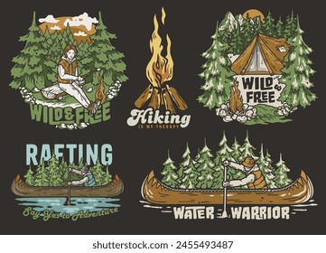 Set of badges with adventure themes, including rafting and hiking, surrounded by nature elements. Sticker pack travel for camping. Collection for nature camp. T-shirt print.