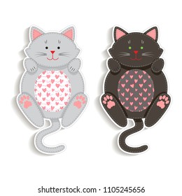 Set of badges with applique cute cats. Best design for stickers, embroidery patches. Vector illustration. Lovely cats stickers. Stuffed cats toys isolated on white 