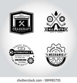 SET OF BADGES AUTO SERVICE. Hand drawn hammer, wrench, spark plug. Label logo template for station, car repair, wheel changing. Design fashion apparel print. Graphic vintage illustration.