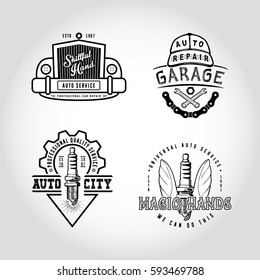 SET OF BADGES AUTO SERVICE. Hand drawn hammer, wrench, spark plug. Label logo template for station, car repair, wheel changing. Design fashion apparel print. Graphic vintage illustration.