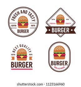 Set of badges, banner, labels and logo for burger shop. Simple and minimal design. Vector illustration.
