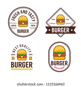 Set of badges, banner, labels and logo for burger shop. Simple and minimal design. Vector illustration.