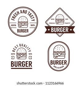 Set of badges, banner, labels and logo for burger shop. Simple and minimal design. Vector illustration.