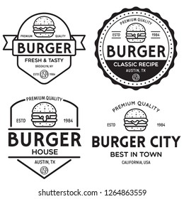 Set of badges, banner, labels and logo for hamburger, burger shop. Simple and minimal design. Isolated vector illustration.