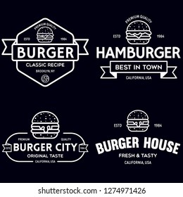 Set of badges, banner, labels and logo for hamburger, burger shop. Simple and minimal design. Isolated vector illustration.