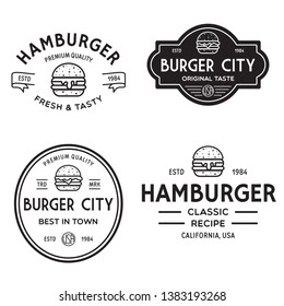 Set of badges, banner, labels and logo for hamburger, burger shop. Simple and minimal design. Isolated vector illustration.