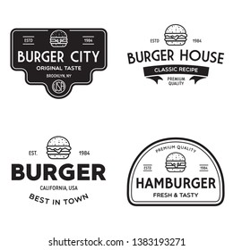 Juego de insignias, banner, etiquetas y logo para hamburguesa, tienda de hamburguesas. Diseño sencillo y mínimo. Ilustración vectorial aislada.