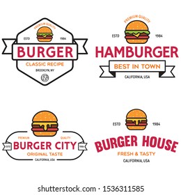 Set of badges, banner, labels and logo for hamburger, burger shop. Simple and minimal design. Isolated vector illustration.