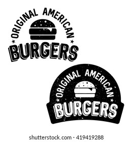 Set of badges, banner, labels and logo for burger shop. Simple and minimal design. Vector illustration.