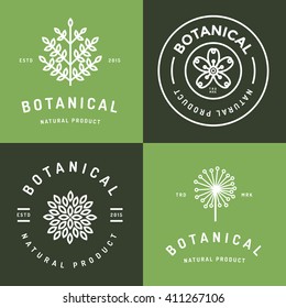 Set of badges, banner, labels and logos for botanical natural product, shop. Leaf logo, flower logo. Linear outline stroke design. Vector illustration.