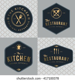 Set of badges, banner, labels and logos for food restaurant, foods shop and catering in golden color with seamless pattern. Design elements. Vector illustration.