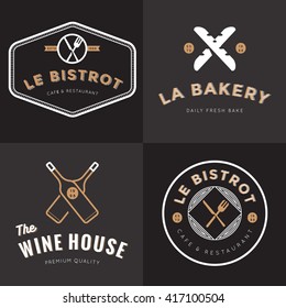 Set of badges, banner, labels and logos for french food restaurant, foods shop, bakery, wine and catering. Design Elements. Vector illustration.