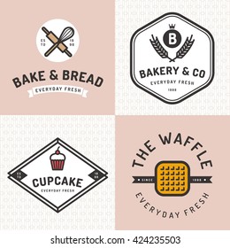 Set of badges, banner, labels, logos, icons, objects and elements for bakery shop with seamless pattern. Vector illustration.