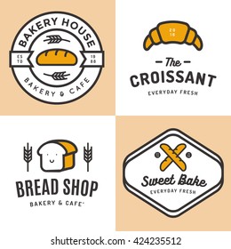 Conjunto de emblemas, bandeira, etiquetas, logotipos, ícones, objetos e elementos para pão padaria, croissant, baguette. Ilustração vetorial.