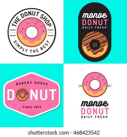 Set of badges, banner, labels and logos for donut shop and bakery. Vector illustration.