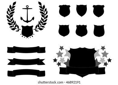 A set of badges and banners in black and white.