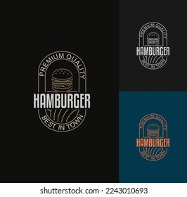 Juego de insignias, pancartas, etiquetas y logotipo para hamburguesa, tienda de hamburguesas. Diseño sencillo y mínimo. Ilustración vectorial, logotipo emblema, vintage aislado en fondo negro