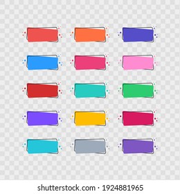 Set von Abzeichen, Bannern oder Etiketten für Ihren Text, der auf transparentem Hintergrund unterschiedlich gefärbt ist. Vektorflache Illustration. Gestaltungselemente. Kollektion.