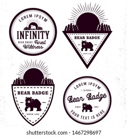 Set of badges with bear mascot, sunrise and spruce forest for summer camp, expedition club. Labels for adventure club or recreation center. Mascot symbol for scouts. Clothing label