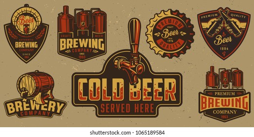 Set of badges with beer equipment in colour. Vector illustration.