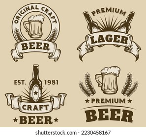 Set of badges with beer equipment in monochrome style. Vector illustration. beer and brewery logos collection