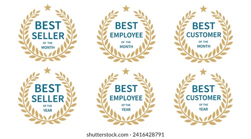 set of badges of best seller, best employee, best customer for month and year