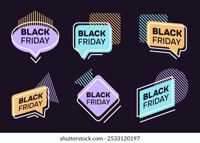 Set of Badges for Black Friday in dark color. Collection of neon bright Labels of November Discounts. Promotion Tags. Promotion marketing. Striped shapes, banner bubble. Isolated. Vector illustration