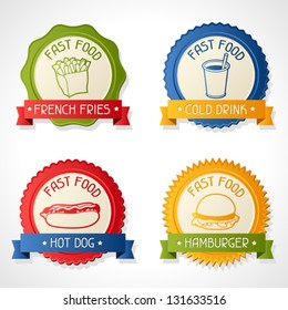 Set of badges with burger, hot dog, french-fry and drink.