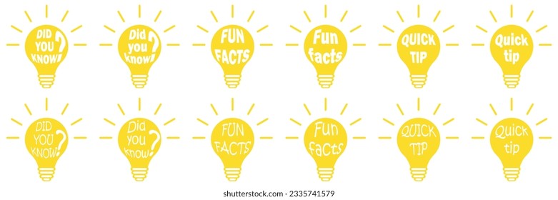 Set of badges or buttons on light bulb background. Labels quick tip, fun facts and did you know. Quick tips, helpful tricks vector logos, emblems and banners. Helpful idea, solution and trick