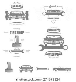 Set of Badges of Car Services: Tire Shop, Car Wash, Service Station, Authorized Car Service. And Separately Some Elements.