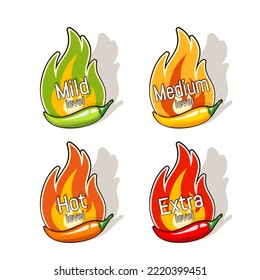 Set of badges with chili pepper pod and fire flame from behind. Mild, medium, hot and extra levels of spiciness. Logos design for hot sauces or other spicy food