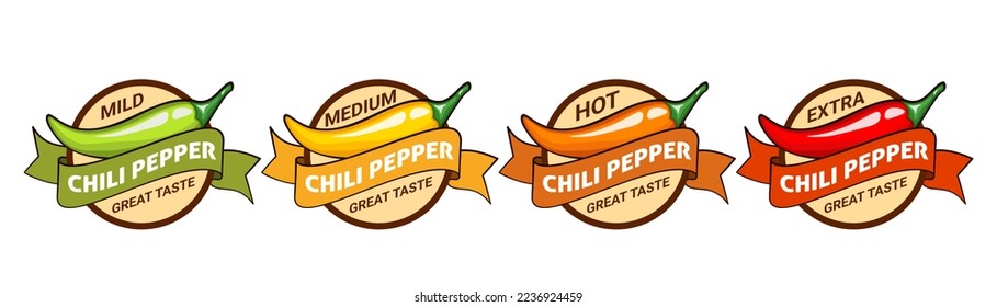 Set of badges with chili peppers with different spiciness levels. Badge or logo design. Vector illustration