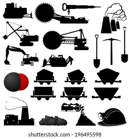 Conjunto de insignias y maquinaria de la industria minera del carbón. Ilustración sobre fondo blanco.