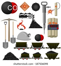 Set of badges and coal mining machinery. Illustration on white background.
