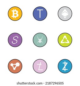 Set of badges cryptocurrency coins flat, bitcoin and crypto coins of logo. Vector illustration. Crypto coin symbol, didgital commerce, web disign, e-business network, circle gold emblem