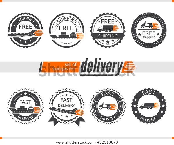 Set of badges for delivery transport, truck,\
ship, plane, scooter for apps and websites isolated on white\
background. Vector\
illustration