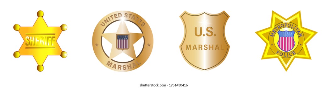 A set of badges depicted frontally. Sheriff hexagonal symbol, US Marshal pentagonal star and shield, Metropolitan Police heptagonal star. Part one