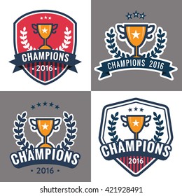 Set of badges, emblem and logos for Champion sports league with trophy. Vector illustration. 