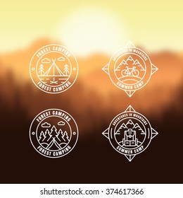 Set of badges, emblems, logos, labels or stamps on blurred landscape background. Vector design for travel and outdoor activity. Summer camping outline icons. Nature background with forest silhouette.