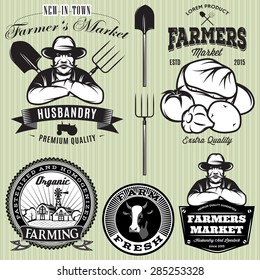 set of badges with the farmer and vegetables for shop
