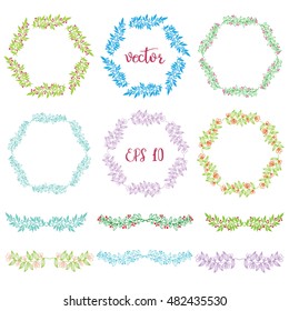 Set of badges, floral elements, wreaths