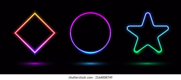Set of badges frames glowing neon lighting geometric square, circle, star on black background retro style. Vector graphic illustration
