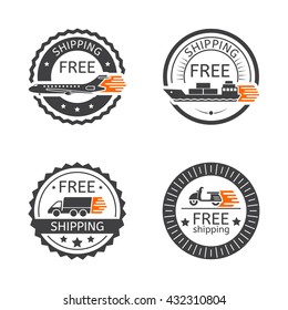 Set of badges free shipping transport, truck, ship, plane, scooter for apps and websites isolated on white background. Vector illustration