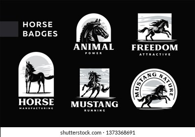 A set of badges frisky horses. Vector illustration.