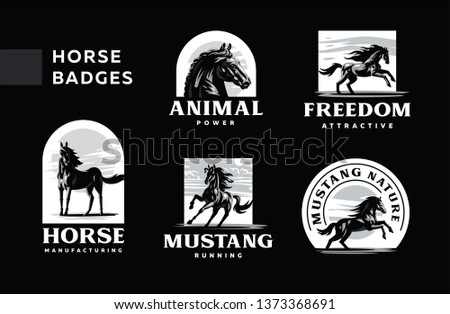 A set of badges frisky horses. Vector illustration.