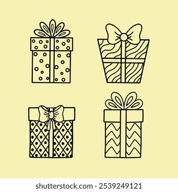 A set of badges for gift boxes. Give a gift box for Christmas, birthday, Valentine's Day, wedding, party, celebration and success. Vector illustration.Web design, infographics.