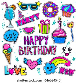 Set of badges for girls, party, celebration. Funny Happy birthday patch stickers. Colorful candy, fly heart, speech comics cloud, cocktail glasses, cake, rainbow, ice cream, Love, laugh out loud.