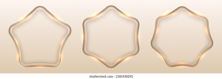 Juego de insignias con marcos geométricos dorados con efecto de iluminación aislado estilo lujoso de fondo. Ilustración del vector
